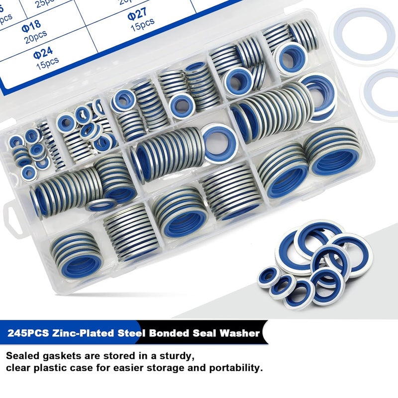 Daptemn 245PCS Metric Bonded Seal Dowty Washer, NBR Zinc-Plated Automotive Self-Centred Seal Rubber Washers, Gasket Seal Crush O-Ring Assortment Kit Set, Includes Sizes of M6-M30 - Image 3